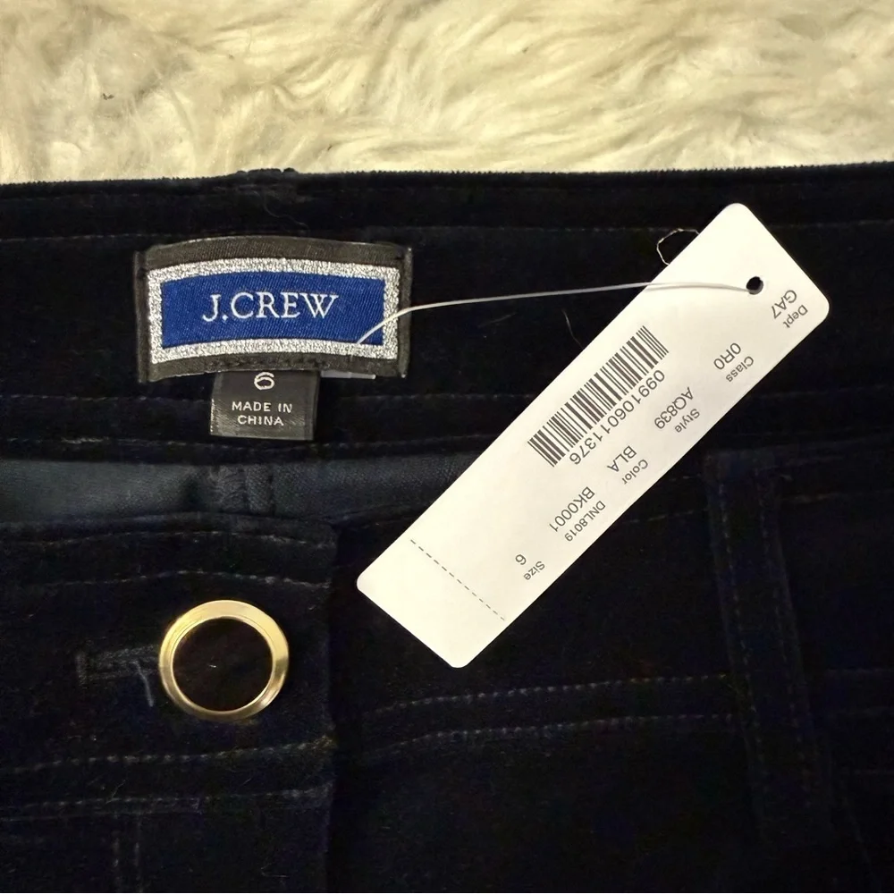 J.Crew Straight Leg Velvet Pants Black Size 6 NWT Style AQ839